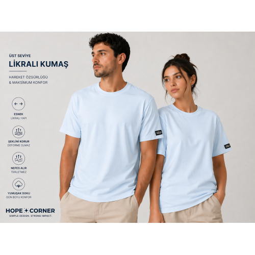 HOPE CORNER Unisex Basic Tişört 100 Pamuk Likralı Rahat Kalıp BUZ MAVİSİ